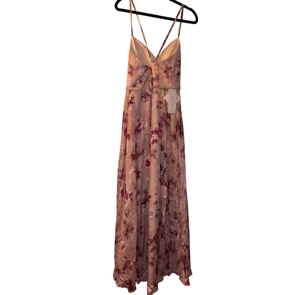 Azazie Blush Pink Floral Midi Dress with Spaghetti Straps